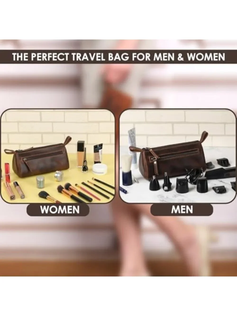 Genuine Leather Makeup Bag for Women – Travel Cosmetic Pouch, Toiletry